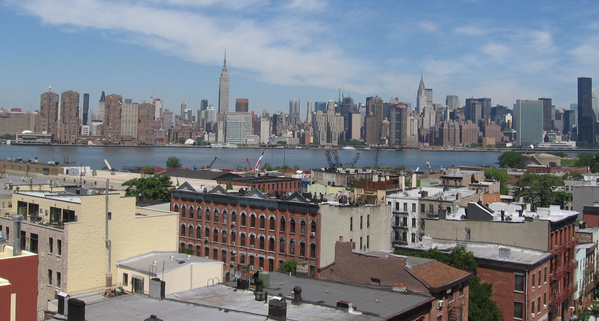 The Greenpoint waterfront in Brooklyn, with the Manhattan skyline across the East River