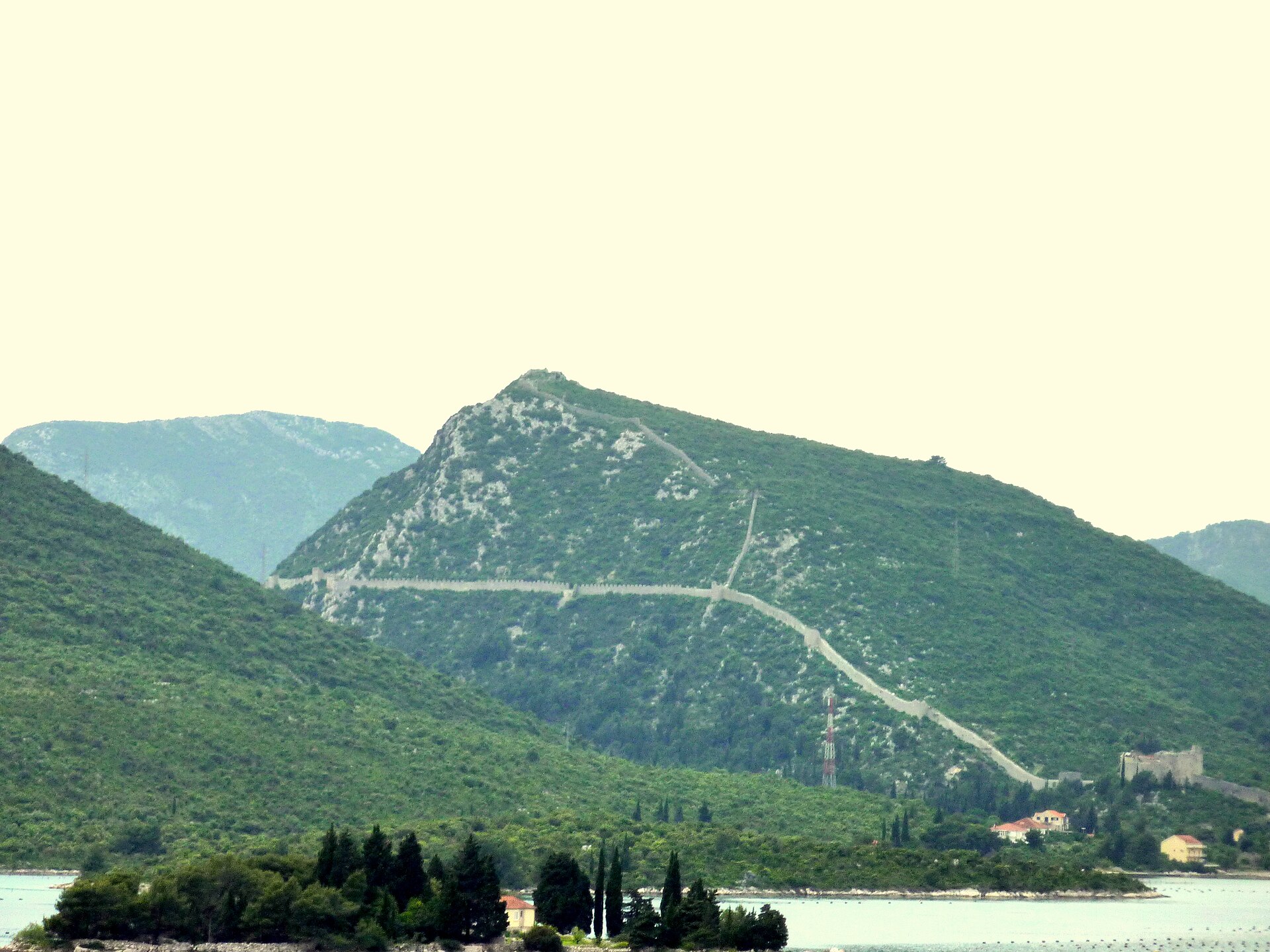 The long defensive walls climbing the hill above Ston, Croatia