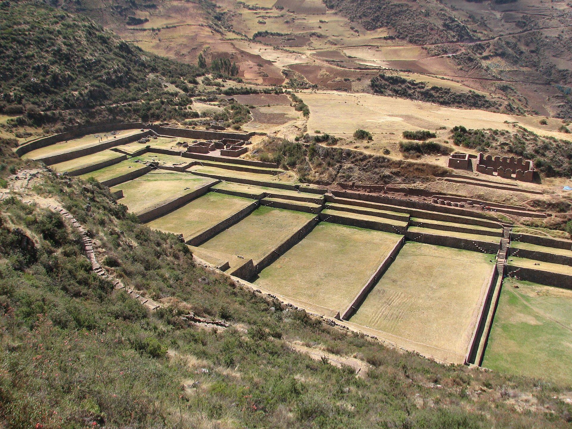 Stone terraces and water channels at the Inca site of Tipón near Cusco